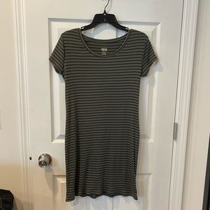 Olive green striped T-shirt dress.